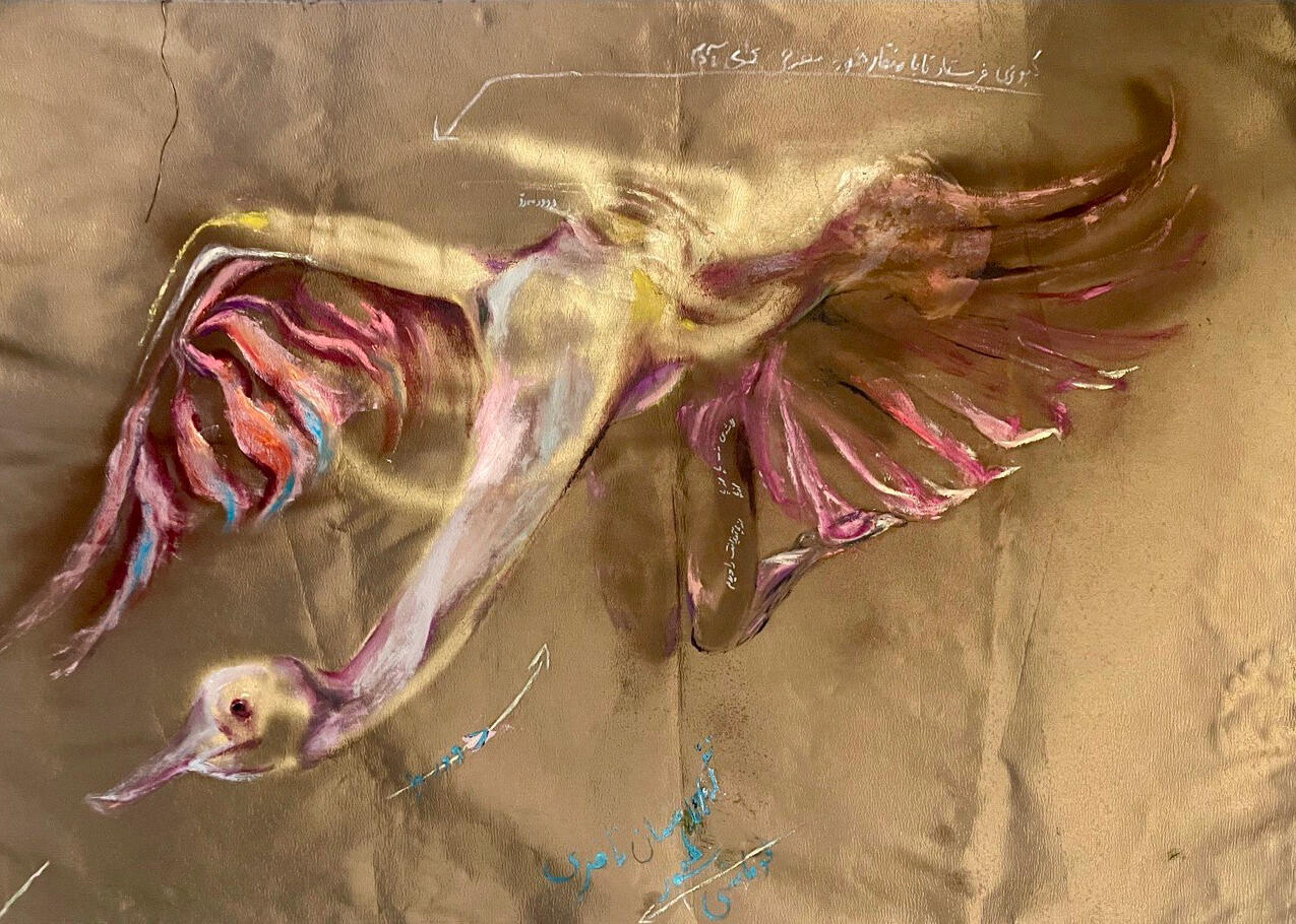 The Sacred Non-Migrant Bird · Mixed media (fabric paint, oil paint, and spray paint) on fabric · 100 × 120 cm