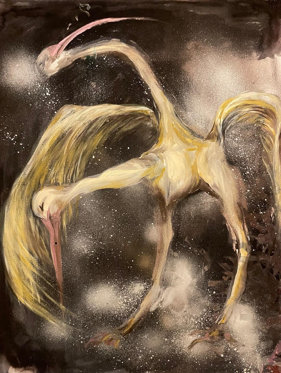 The Mystic Bird, 2023 · Acrylic paint and spray paint on cardboard · 40 × 60 cm