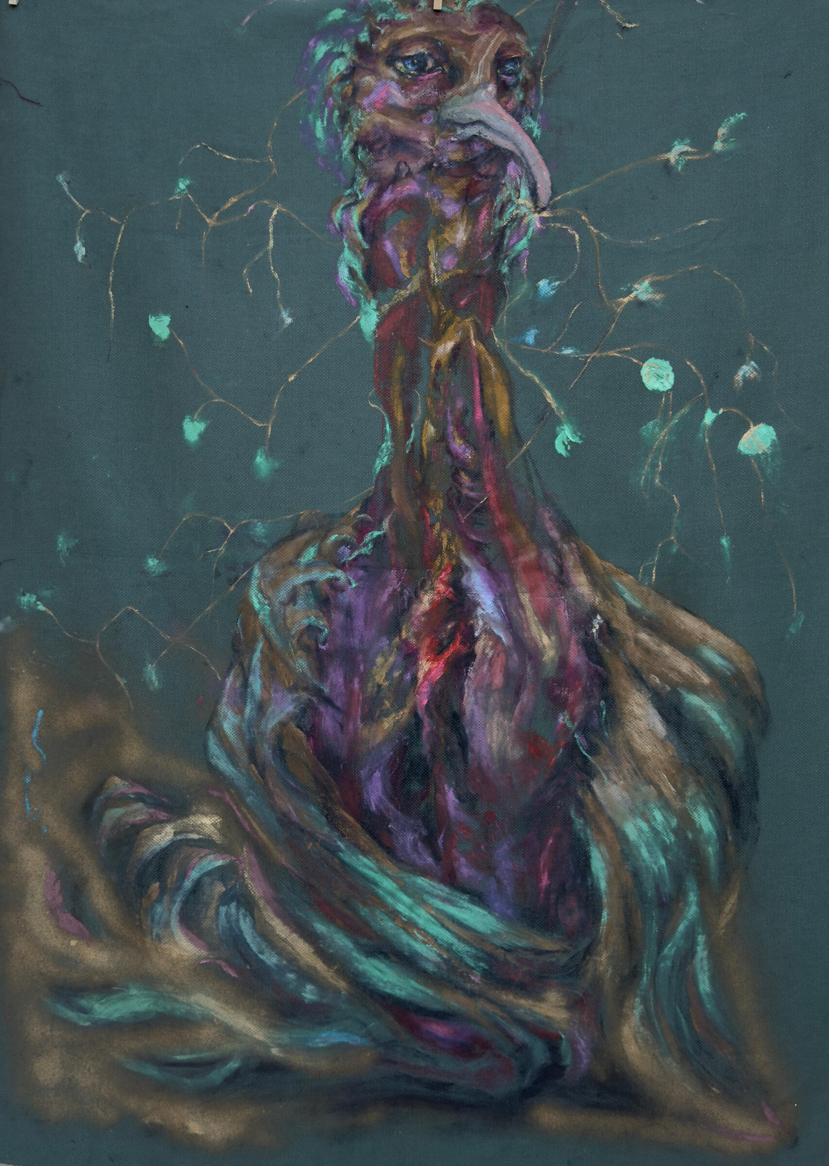 The Watchful Non-Migrant Bird, 2024 · Oil paint and fabric paint on fabric · 100 × 130 cm