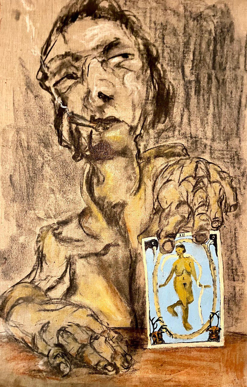 The World, 2024 · Charcoal and oil paint on canvas · 50 × 70 cm