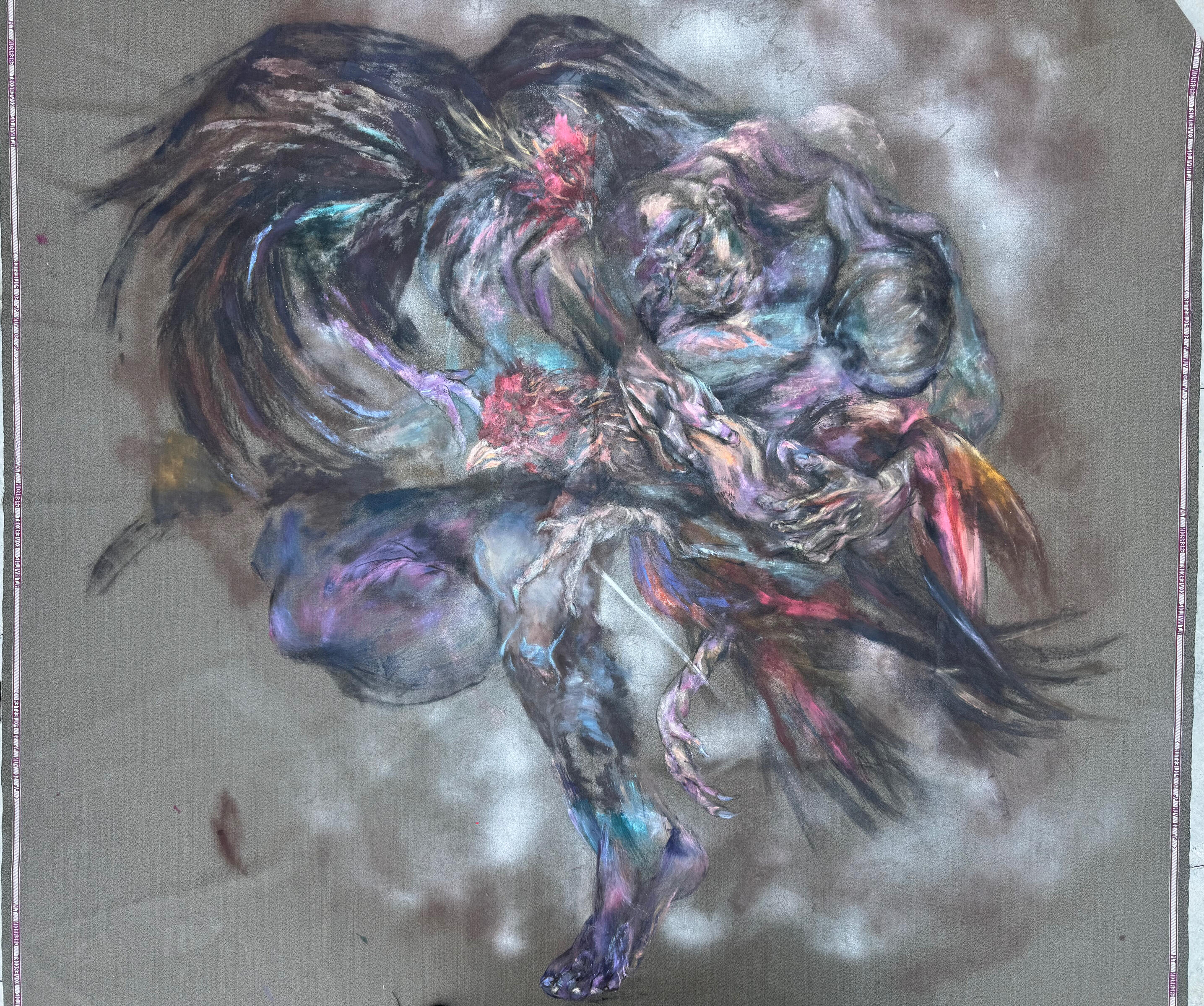 War Smells of Fresh Flesh, 2026 · Oil paint and oil-based spray paint on fabric traditionally used for Kurdish trousers · 150 × 150 cm
