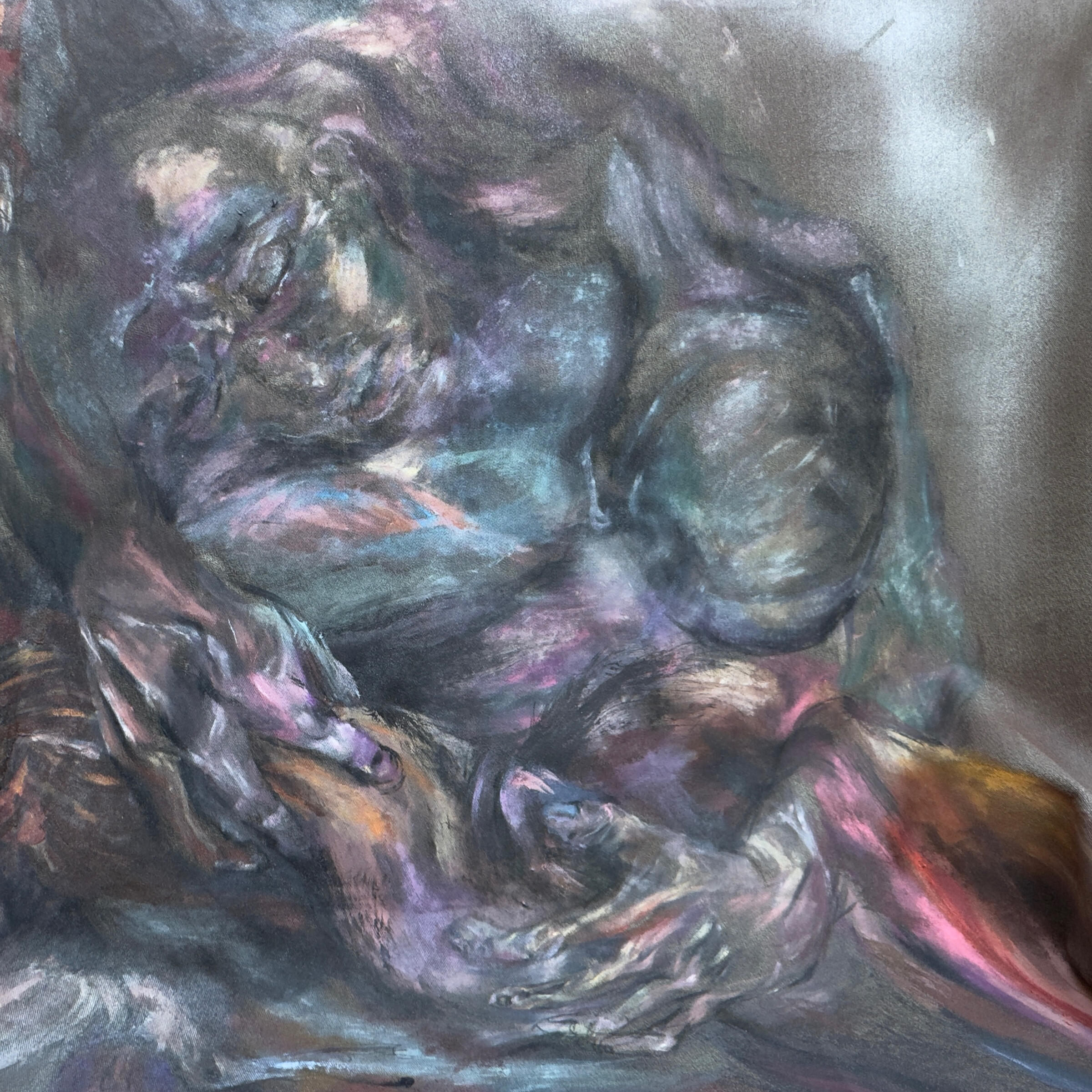 War Smells of Fresh Flesh, 2026 · Oil paint and oil-based spray paint on fabric traditionally used for Kurdish trousers · 150 × 150 cm