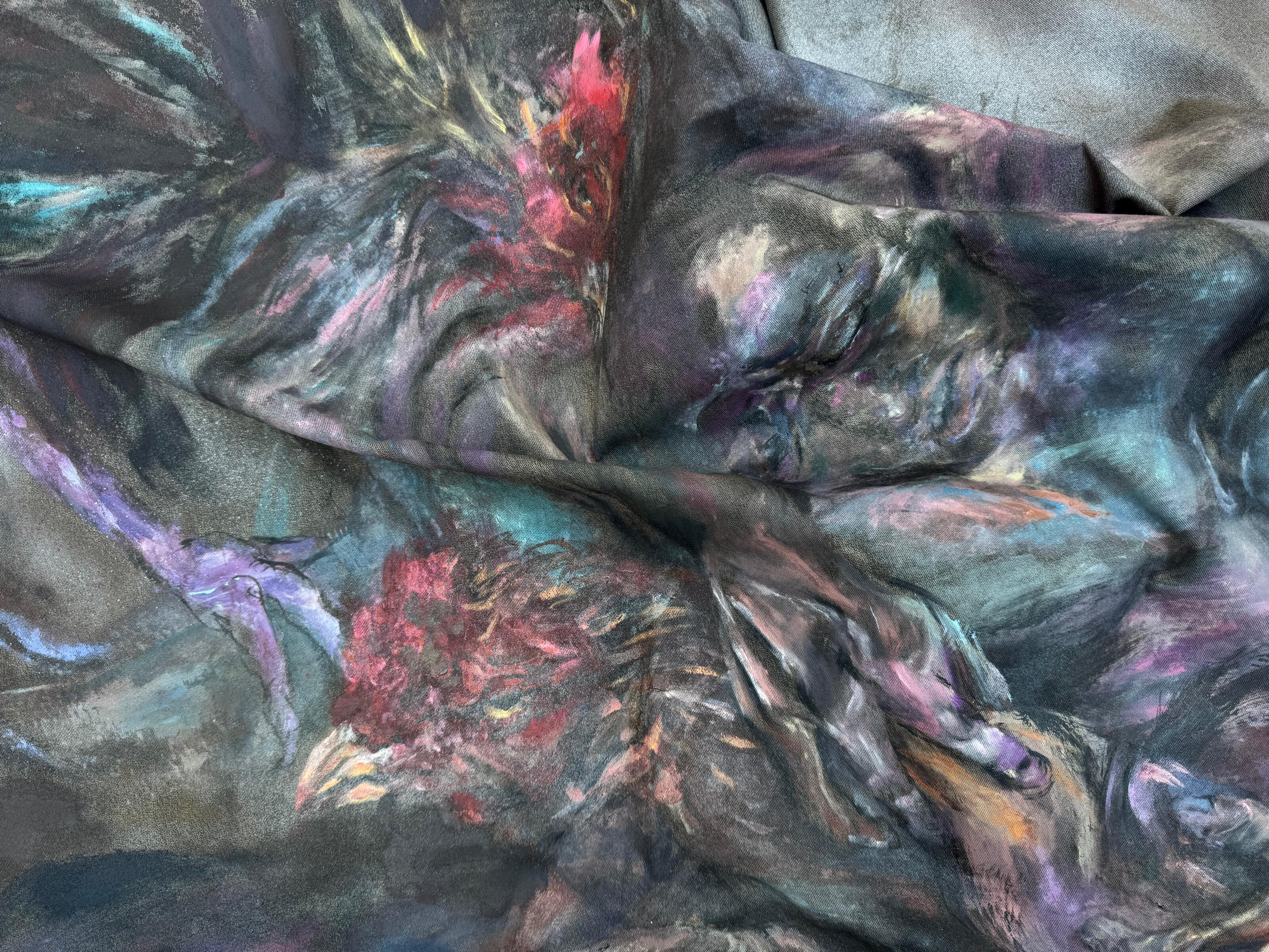 War Smells of Fresh Flesh, 2026 · Oil paint and oil-based spray paint on fabric traditionally used for Kurdish trousers · 150 × 150 cm