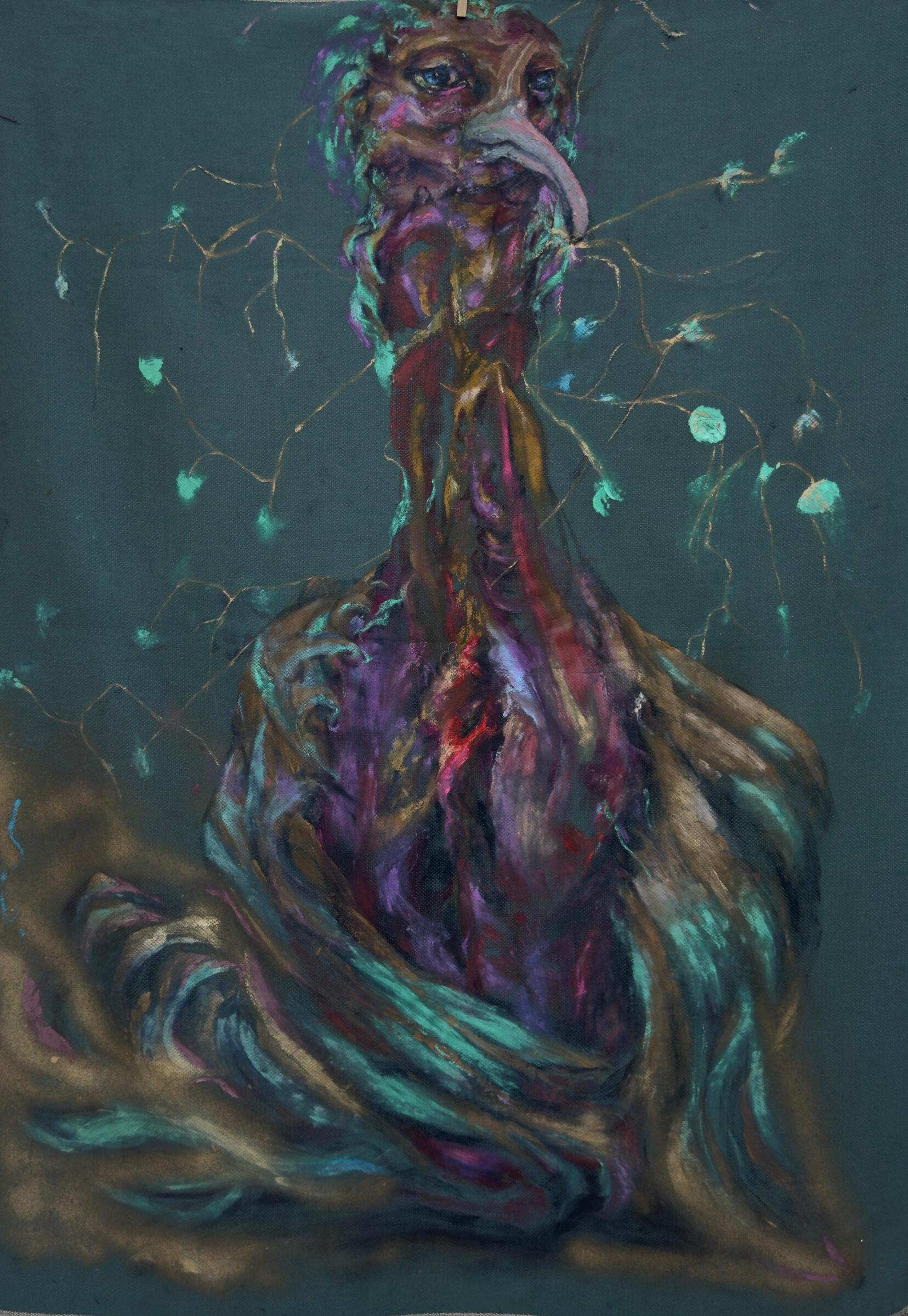 The Watchful Non-Migrant Bird, 2024 · Oil paint and fabric paint on fabric · 100 × 130 cm