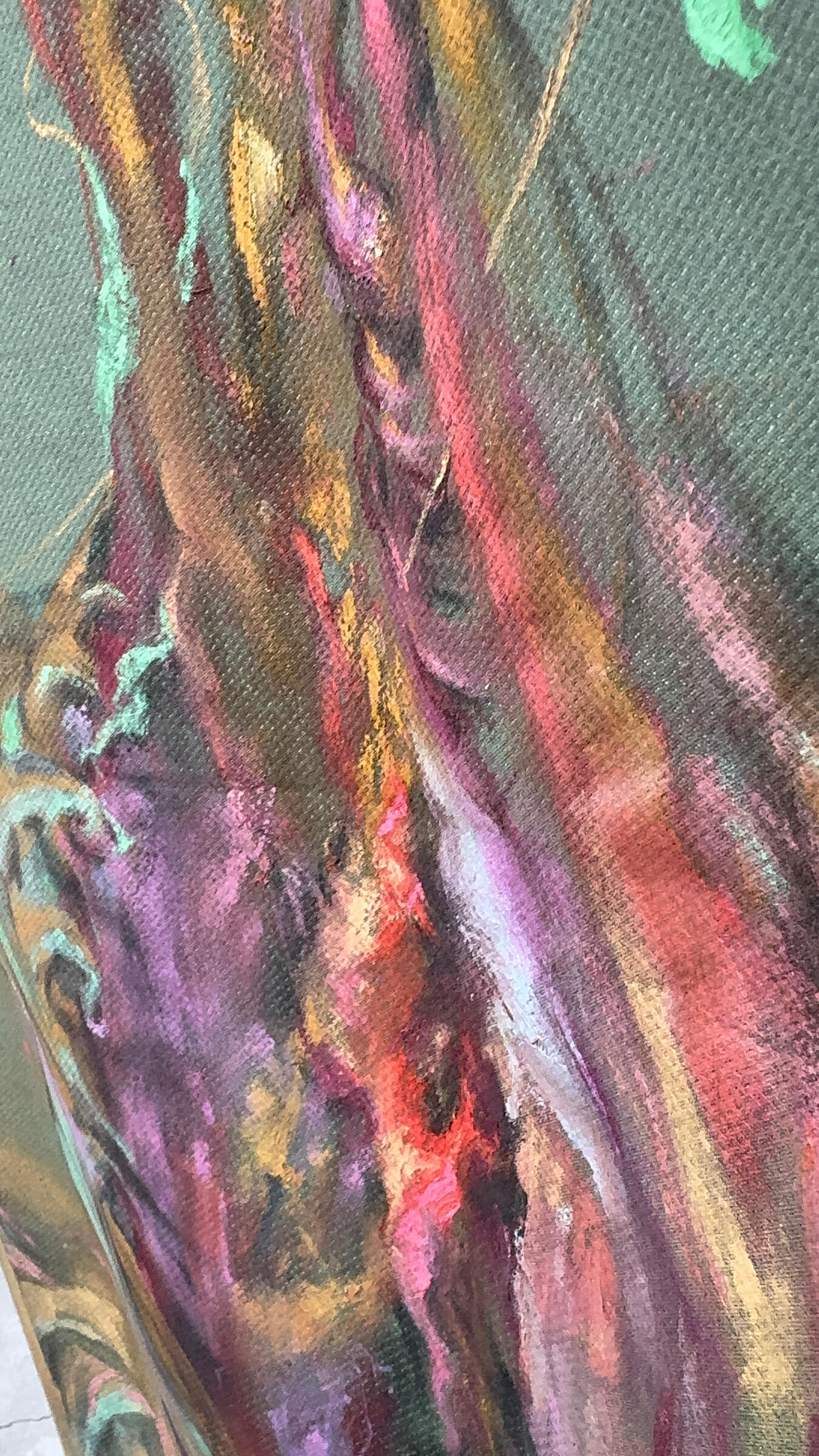 The Watchful Non-Migrant Bird, 2024 · Oil paint and fabric paint on fabric · 100 × 130 cm (detail)