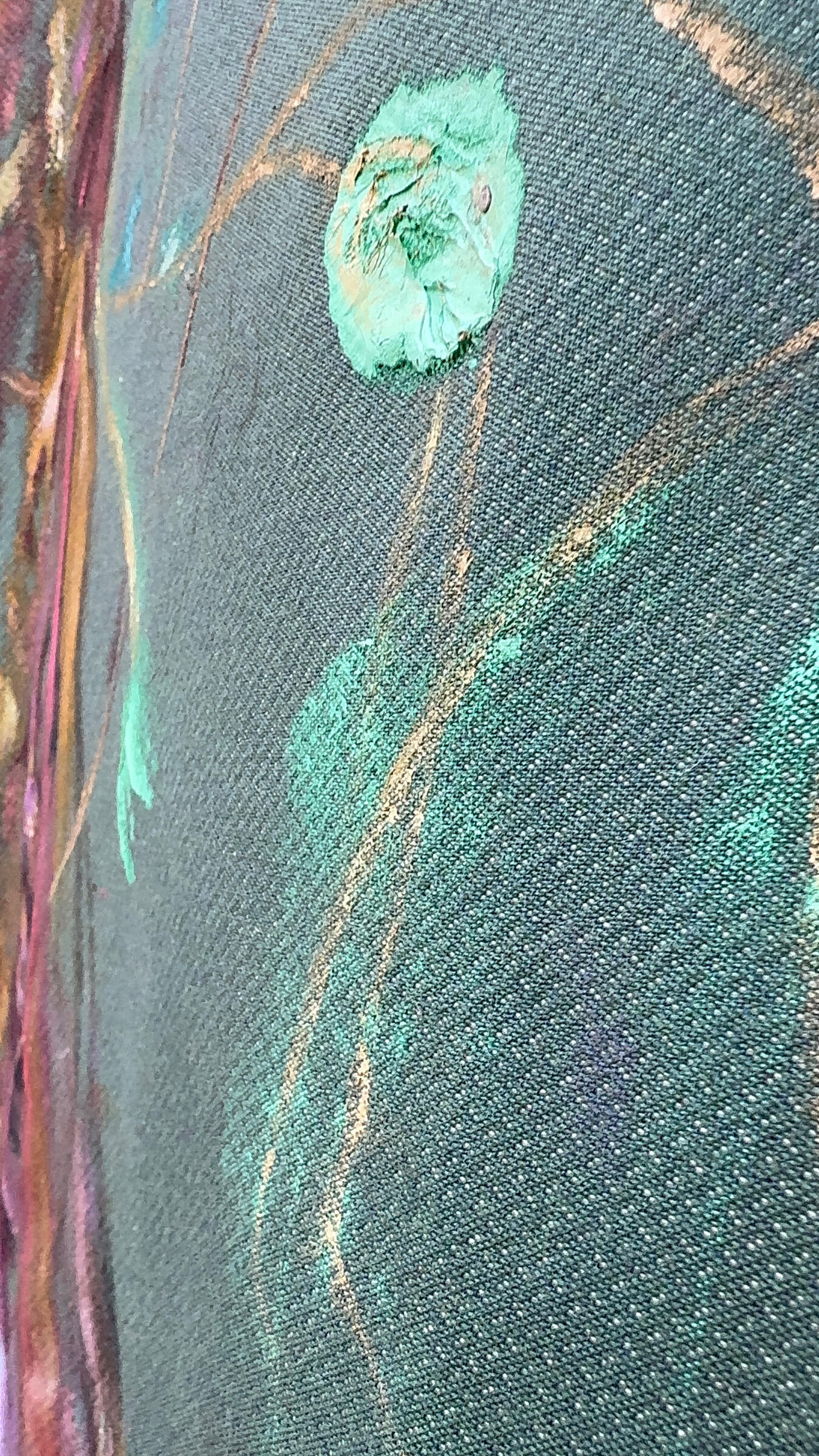 The Watchful Non-Migrant Bird, 2024 · Oil paint and fabric paint on fabric · 100 × 130 cm (detail)