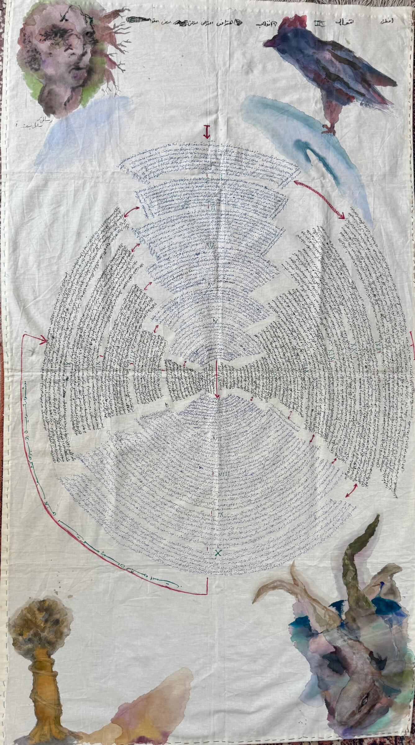 The Secret Is in the Words, Not Behind Them, 2026 · Ink and fabric paint on unbleached cotton fabric · 50 × 100 cm