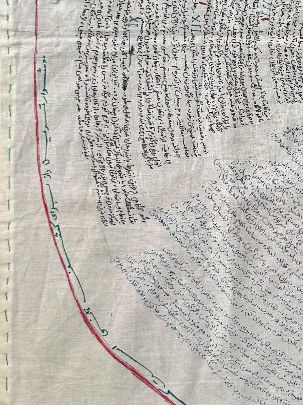 The Secret Is in the Words, Not Behind Them, 2026 · Ink and fabric paint on unbleached cotton fabric · 50 × 100 cm (detail)