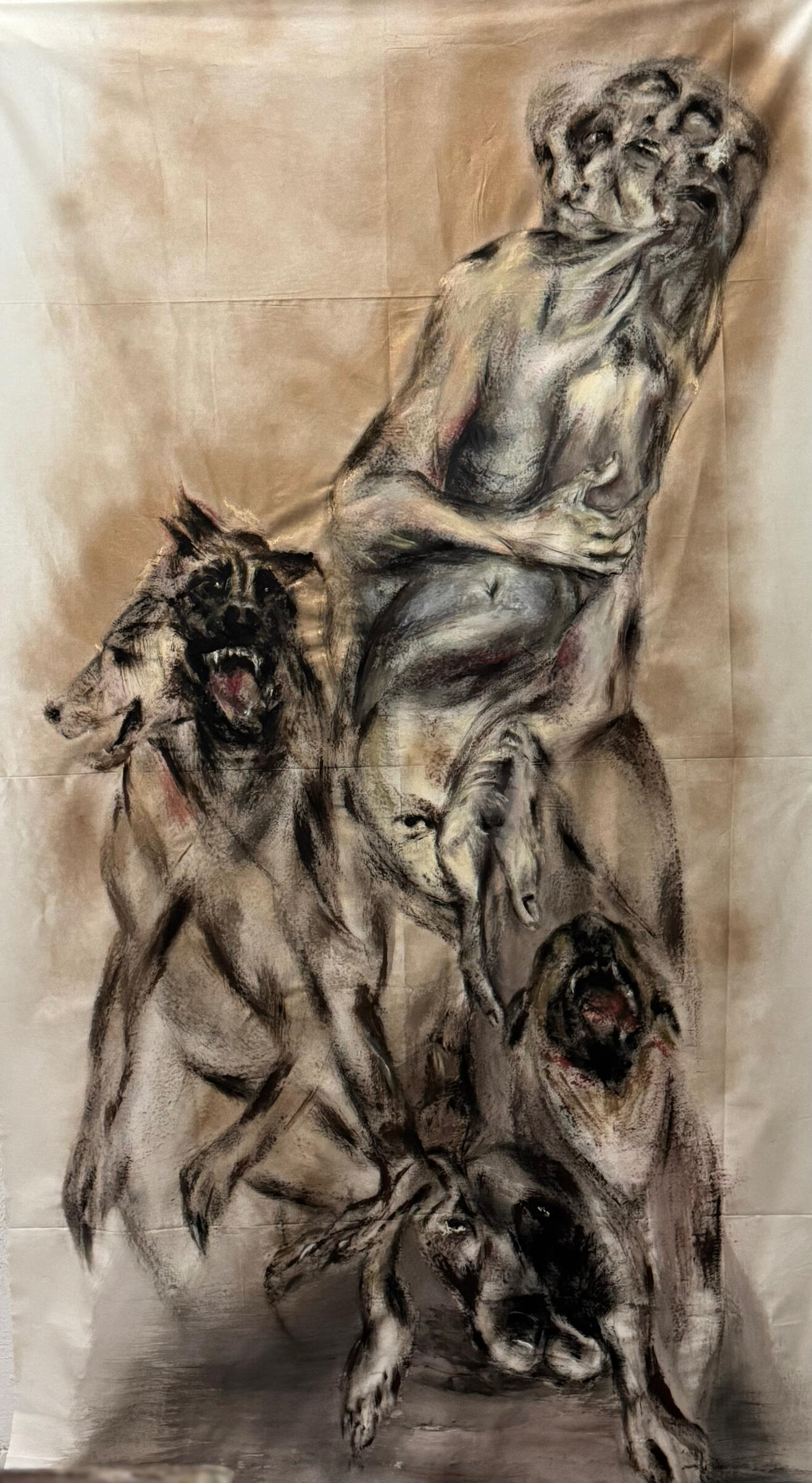 This Is You, and This Is the World—Know It, Protect It, 2025 · Ink and fabric paint on unbleached cotton fabric · 200 × 100 cm