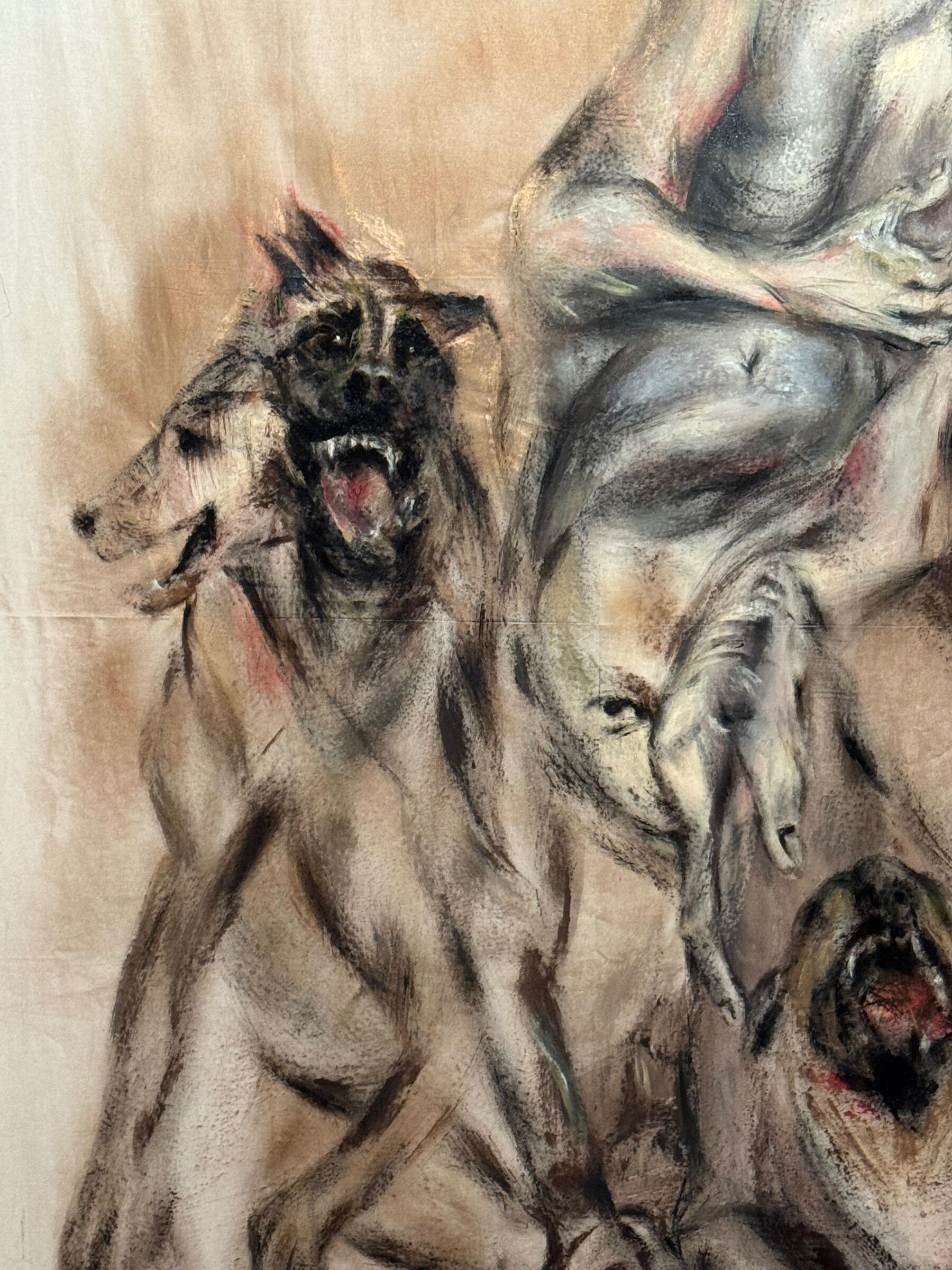 This Is You, and This Is the World—Know It, Protect It, 2025 · Ink and fabric paint on unbleached cotton fabric · 200 × 100 cm (detail)