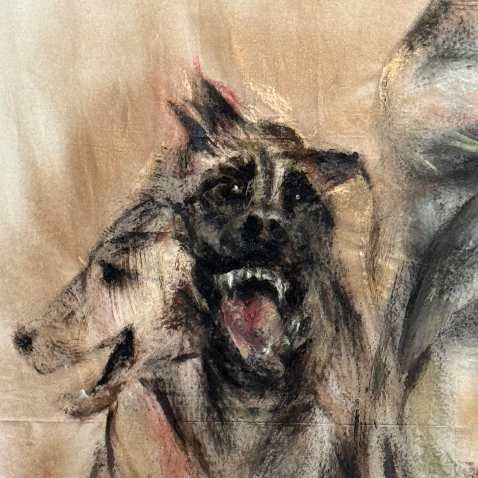 Detail of painted dogs on raw fabric from Wandering on the Land of Gods.